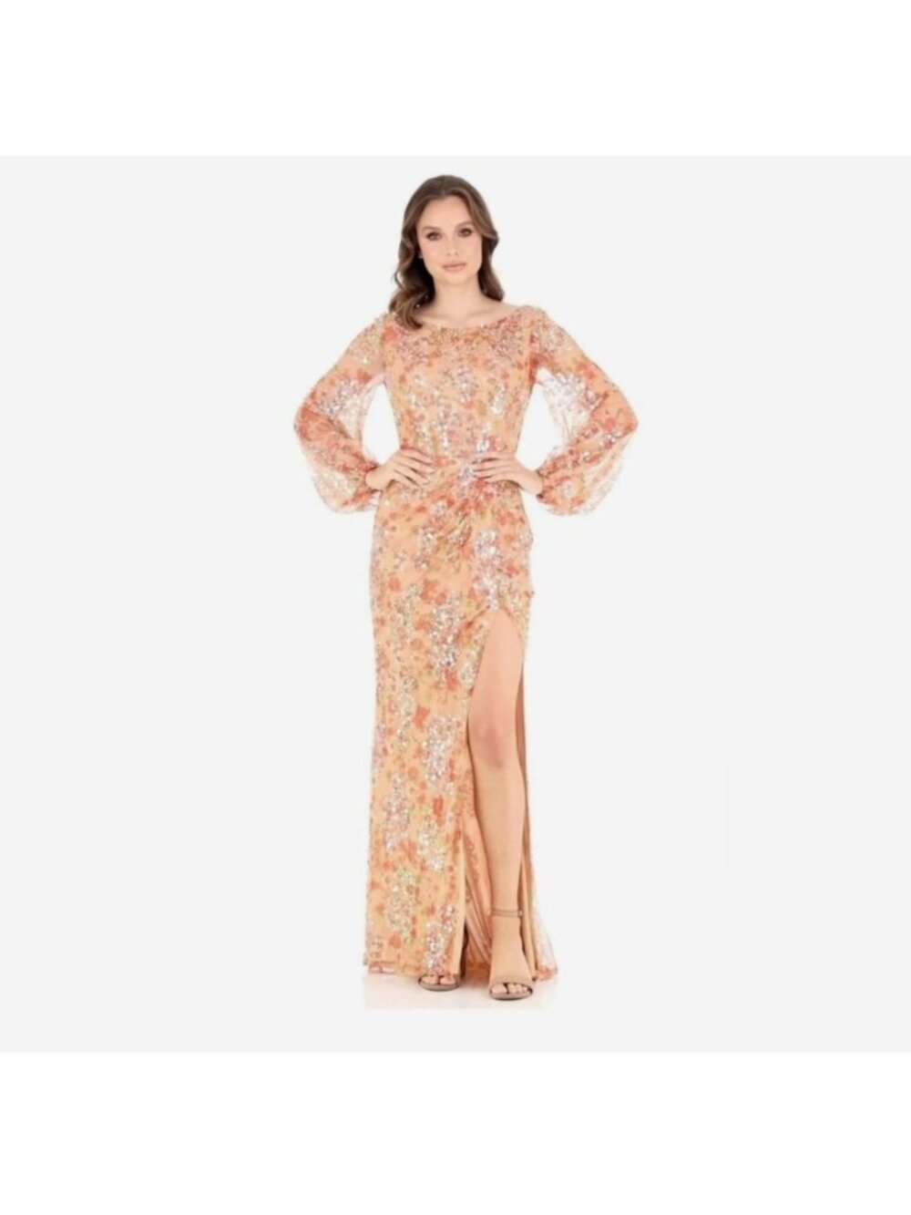 Mac Duggal Orange Floral Sequined Puff Sleeve Gown Apricot Formal Evening 16